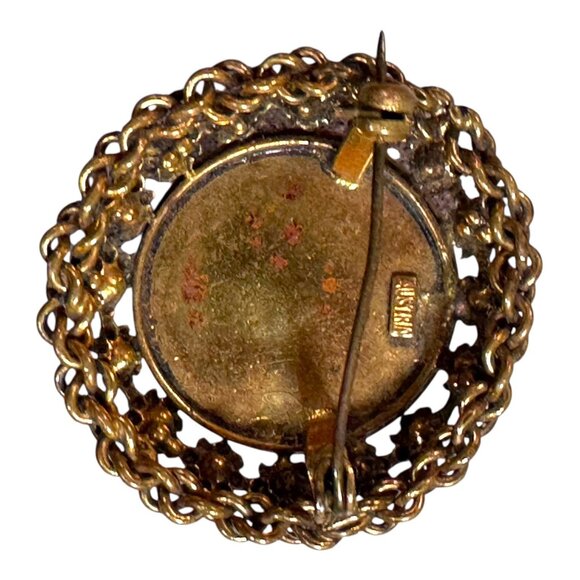 Vintage Austrian Coral Pink Statement Cabochon Brooch Large Crystals Filigree - Picture 2 of 4